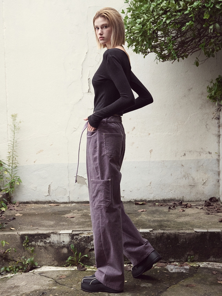 Waist Belt Corduroy Pants, Purple