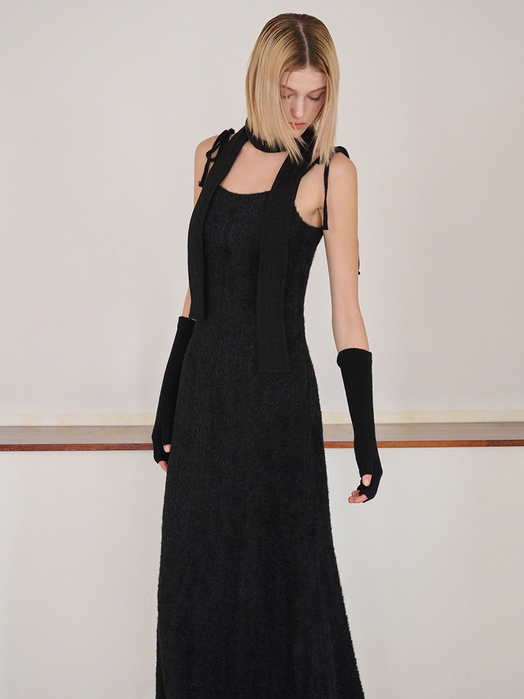 Slip Fluffy Long Dress, Black