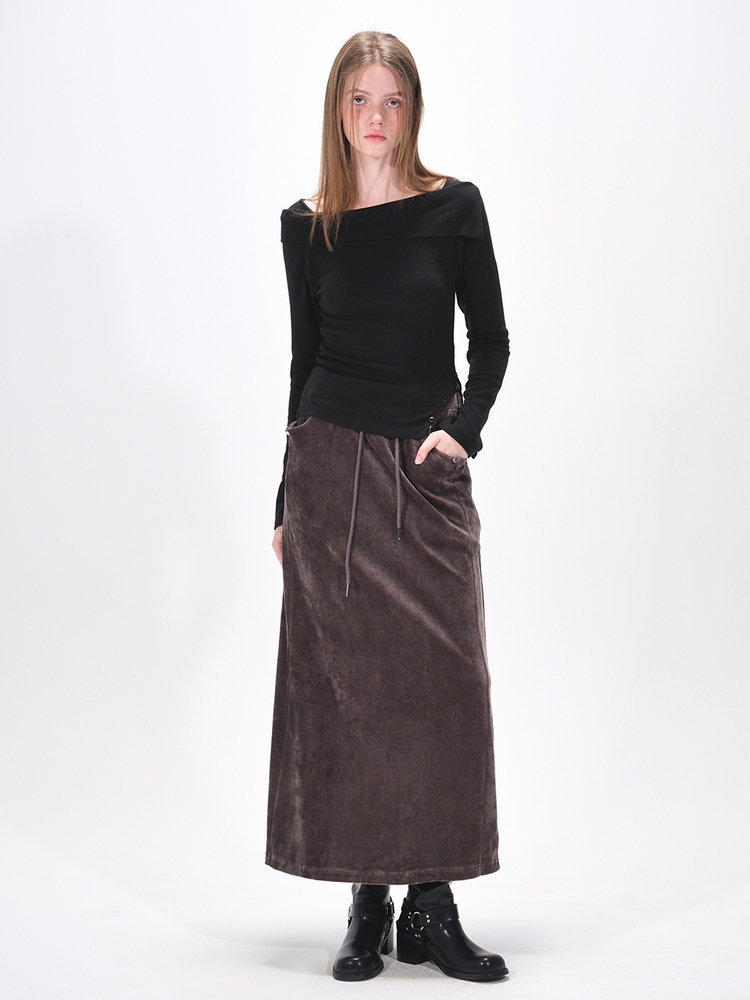 Velvet Banding Logo Skirt, Wine Brown