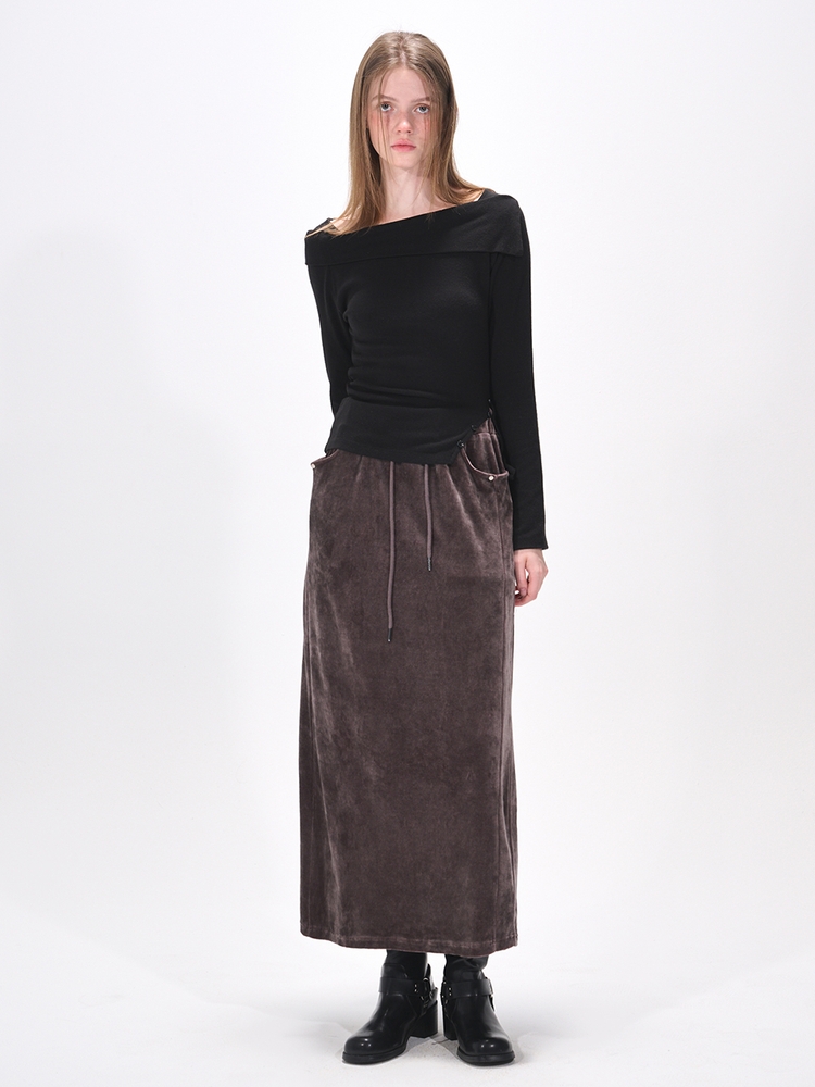 Velvet Banding Logo Skirt, Wine Brown