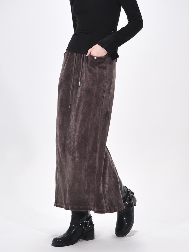 Velvet Banding Logo Skirt, Wine Brown