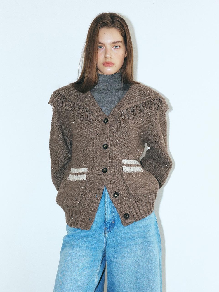 Fringe Sailor Wool Knit Cardigan, Mocha Brown