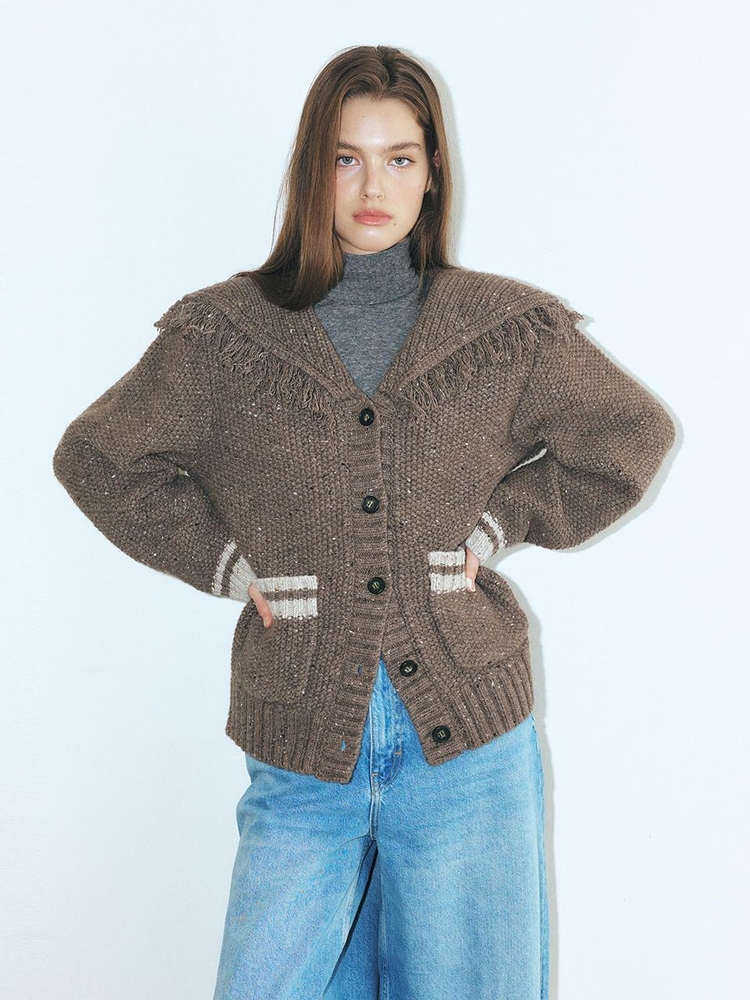 Fringe Sailor Wool Knit Cardigan, Mocha Brown