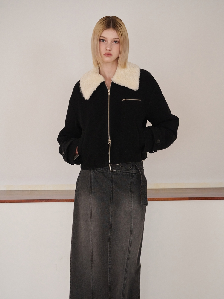 Fur Collar Wool Coat, Black