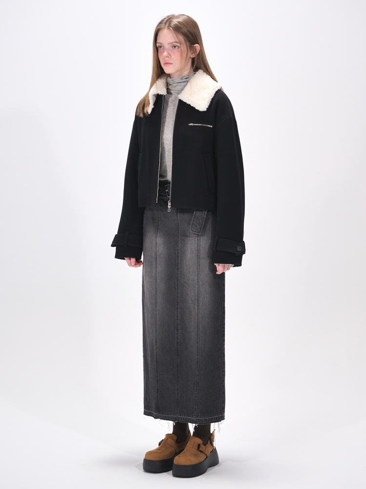 Fur Collar Wool Coat, Black