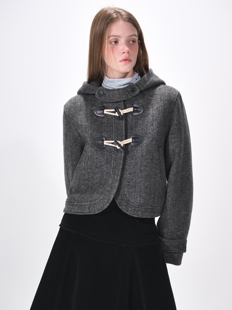 Hoodie Curved Crop Coat, Charcoal Grey