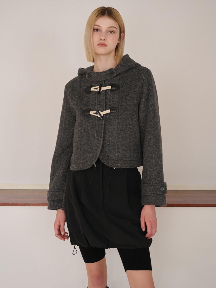 Hoodie Curved Crop Coat, Charcoal Grey