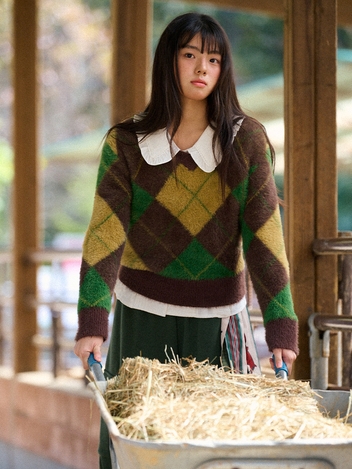 Mohair Argyle Knit Pullover