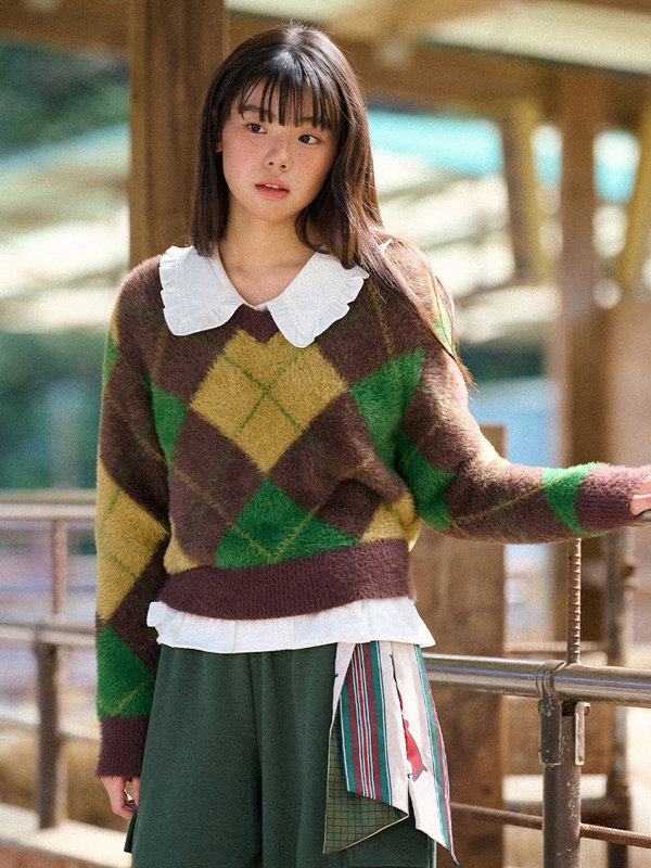 Mohair Argyle Knit Pullover