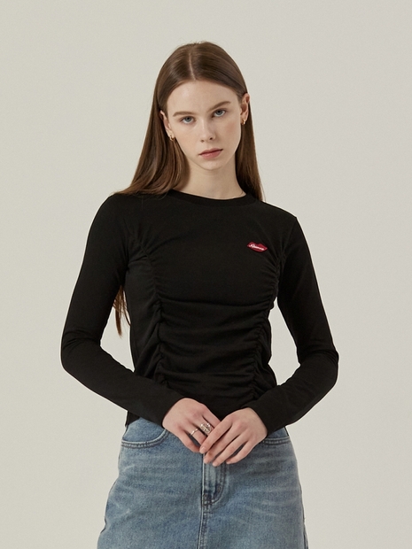 FRONT SHIRRING LONG SLEEVE [BLACK]