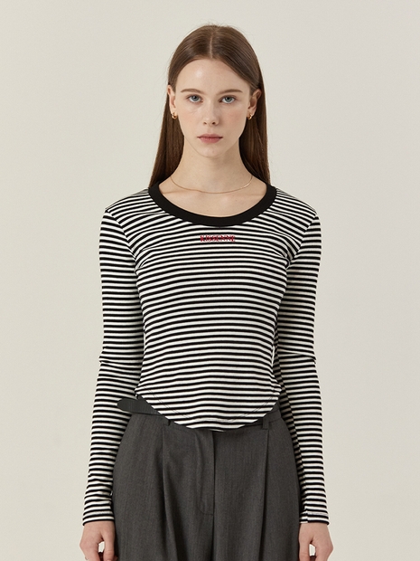 STRIPE U-NECK LONG SLEEVE [BLACK]