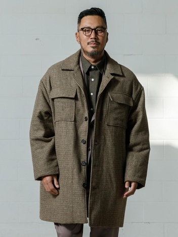 러기드하우스 : 체크 포켓 퀼팅 울 하프 코트 브라운