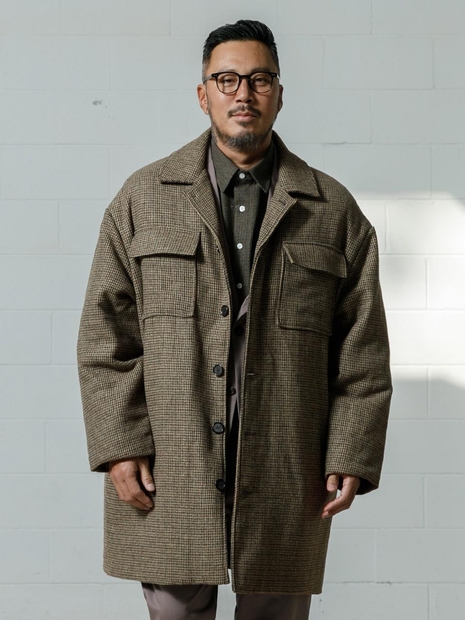 러기드하우스 : 체크 포켓 퀼팅 울 하프 코트 브라운