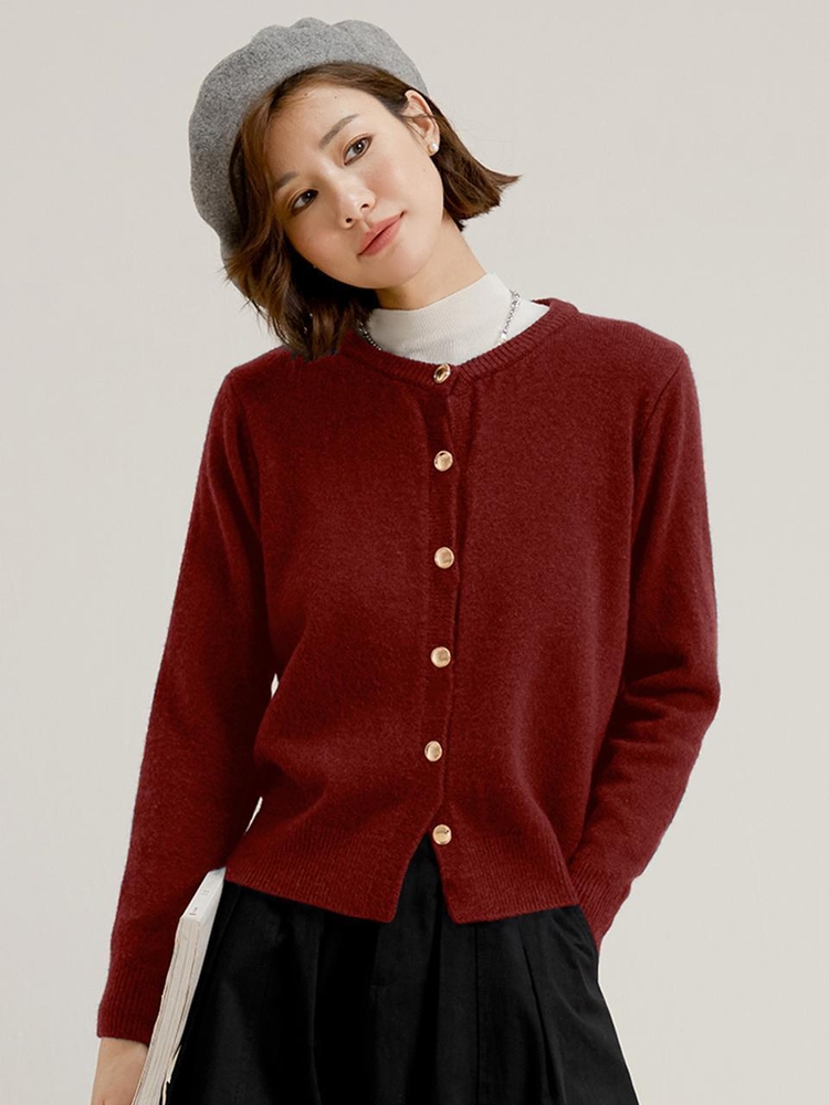 LS_Red wine round neck cardigan