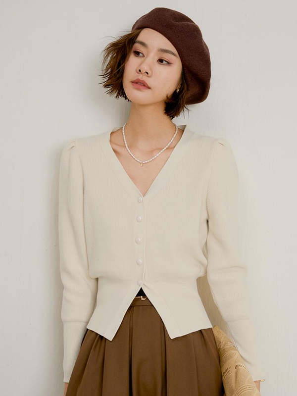 LS_Bubble sleeve v neck cardigan_IVORY