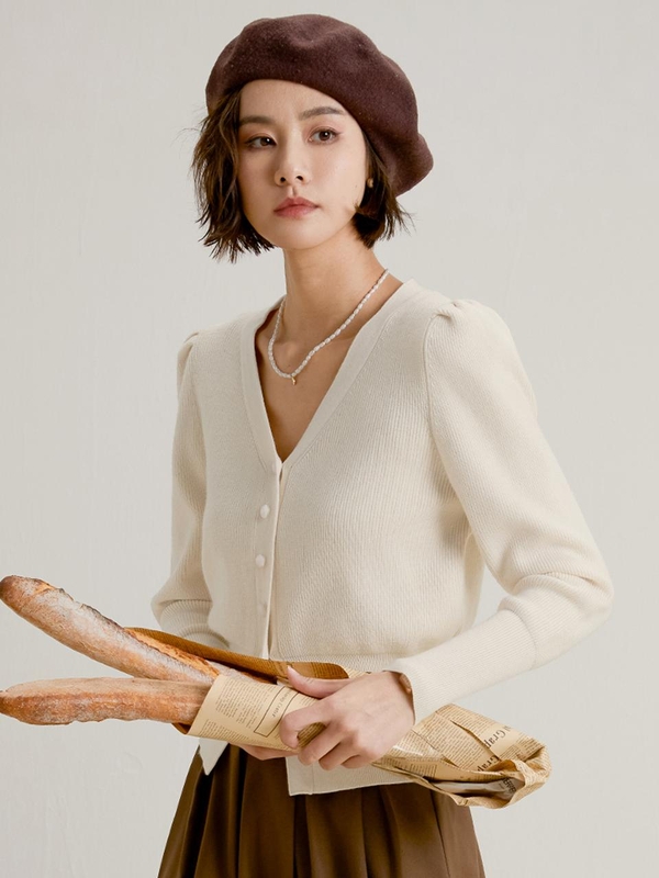 LS_Bubble sleeve v neck cardigan_IVORY