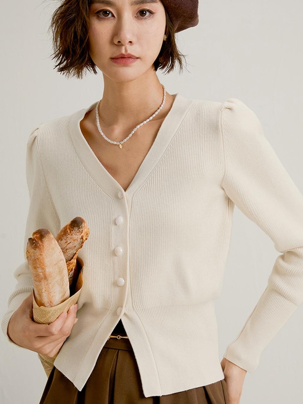 LS_Bubble sleeve v neck cardigan_IVORY