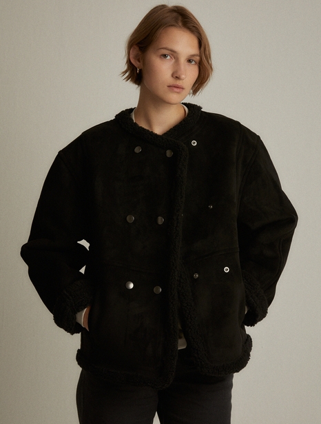 Faux shearling double coat (black)