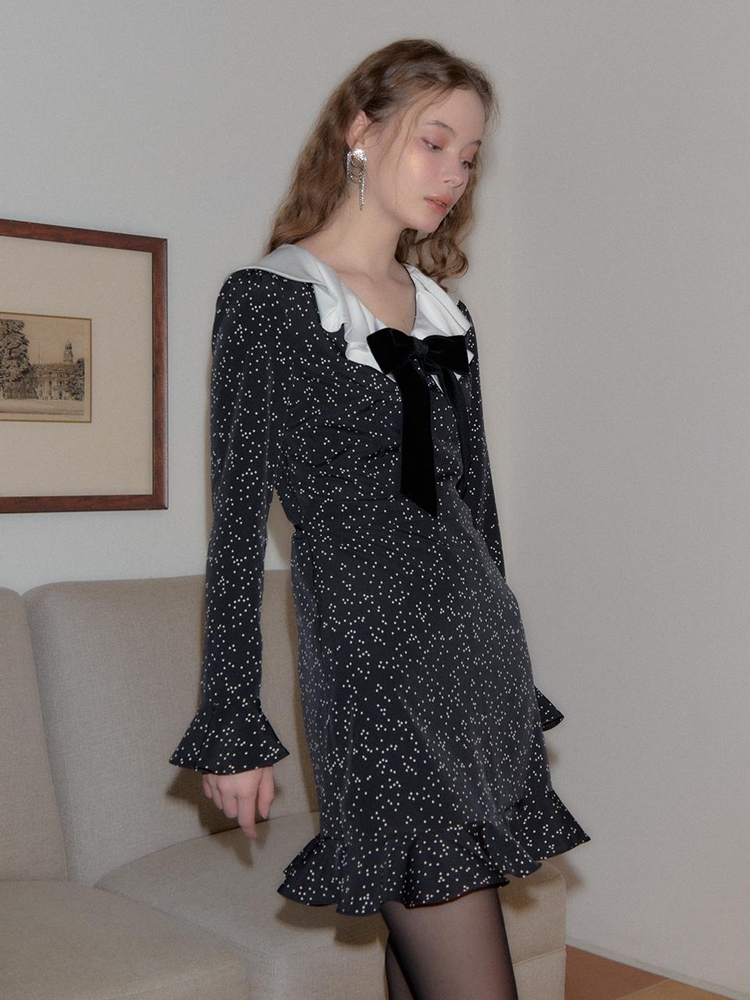 Ruffle Collar Ribbon Mini Dress_ Black