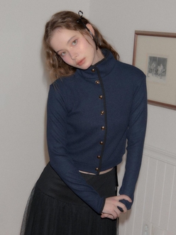High Neck Gold Button Cardigan_ Navy