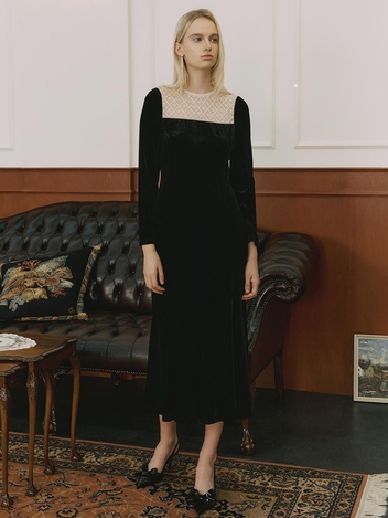 [S BLANC] Petra / Square Neckline Velvet Dress