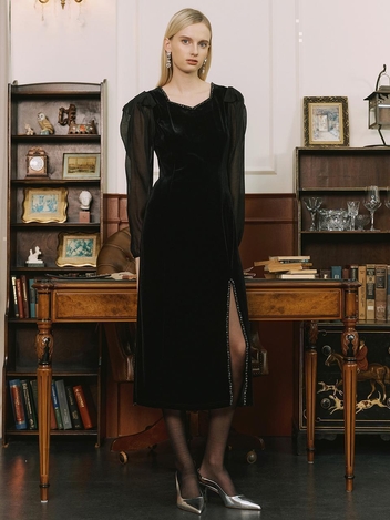 [S BLANC] Stella / See-Through Detail Velvet Dress