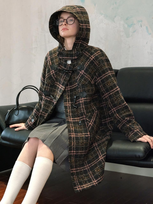 Cest_Horn button plaid hooded coat