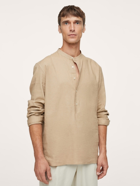 [MANGO] MAN 레귤러 핏 마오 칼라 리넨 셔츠 Light/pastel Brown_87017634