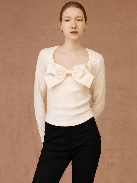 CO RIBBON U-NECK JERSEY TOP_IVORY