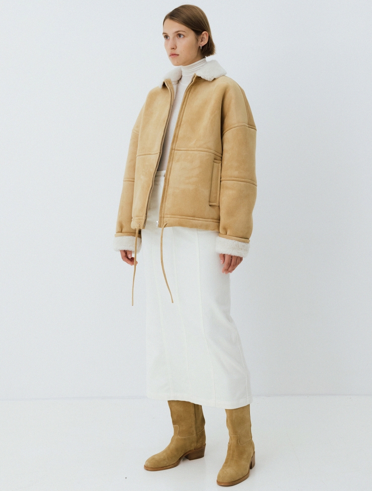 faux suede zip-up shearling jacket (beige)