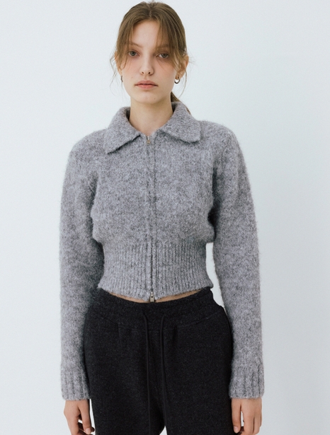 collar neck two way fluffy zip-up cardigan (m.grey)
