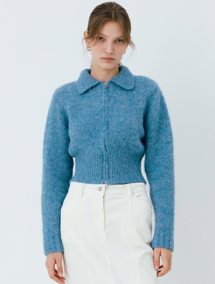 collar neck two way fluffy zip-up cardigan (blue)