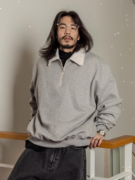 러기드하우스 : 양털 카라 기모 반집업 멜란지그레이