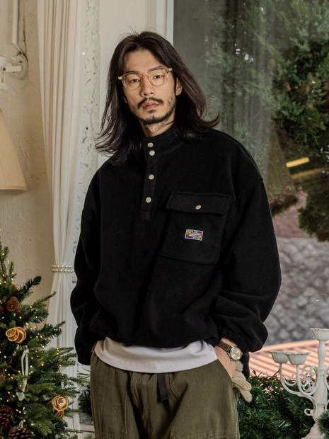 러기드하우스 : 플리스 스냅 반집업 티셔츠 블랙