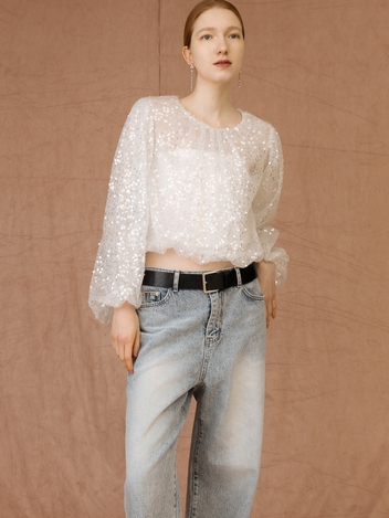 CO SEQUIN SHIRRING BLOUSE_WHITE