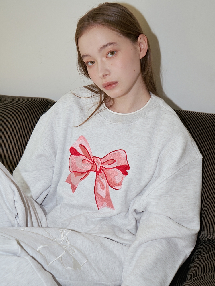 RIBBON EMBROIDERY CROP SWEATSHIRT_GREY