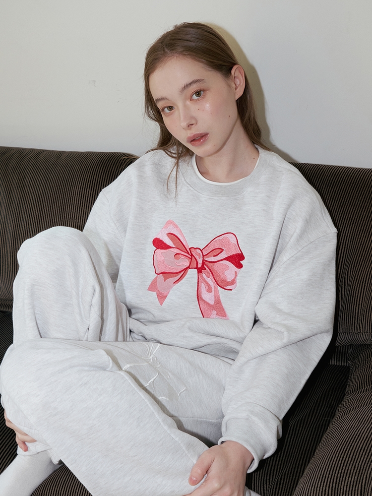 RIBBON EMBROIDERY CROP SWEATSHIRT_GREY