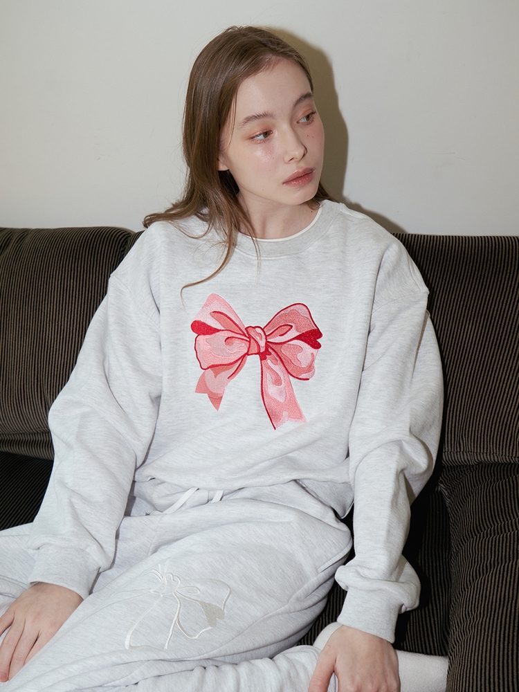 RIBBON EMBROIDERY CROP SWEATSHIRT_GREY