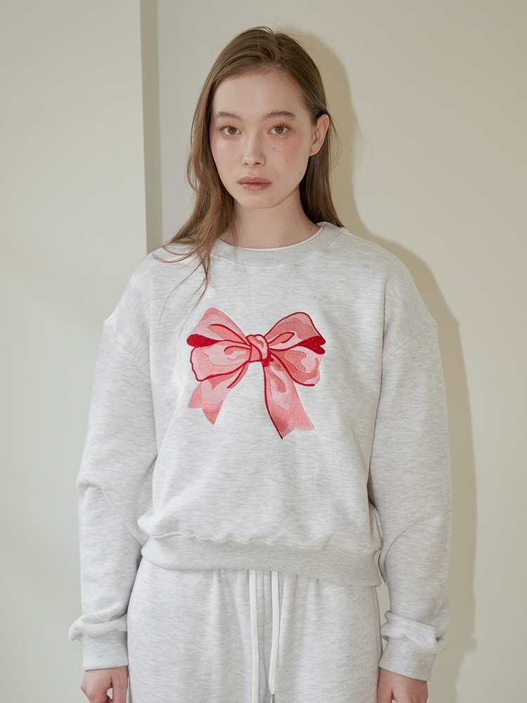 RIBBON EMBROIDERY CROP SWEATSHIRT_GREY