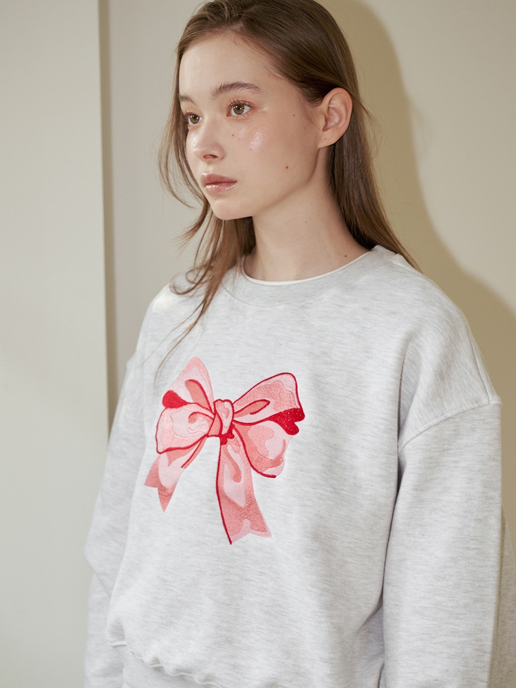 RIBBON EMBROIDERY CROP SWEATSHIRT_GREY