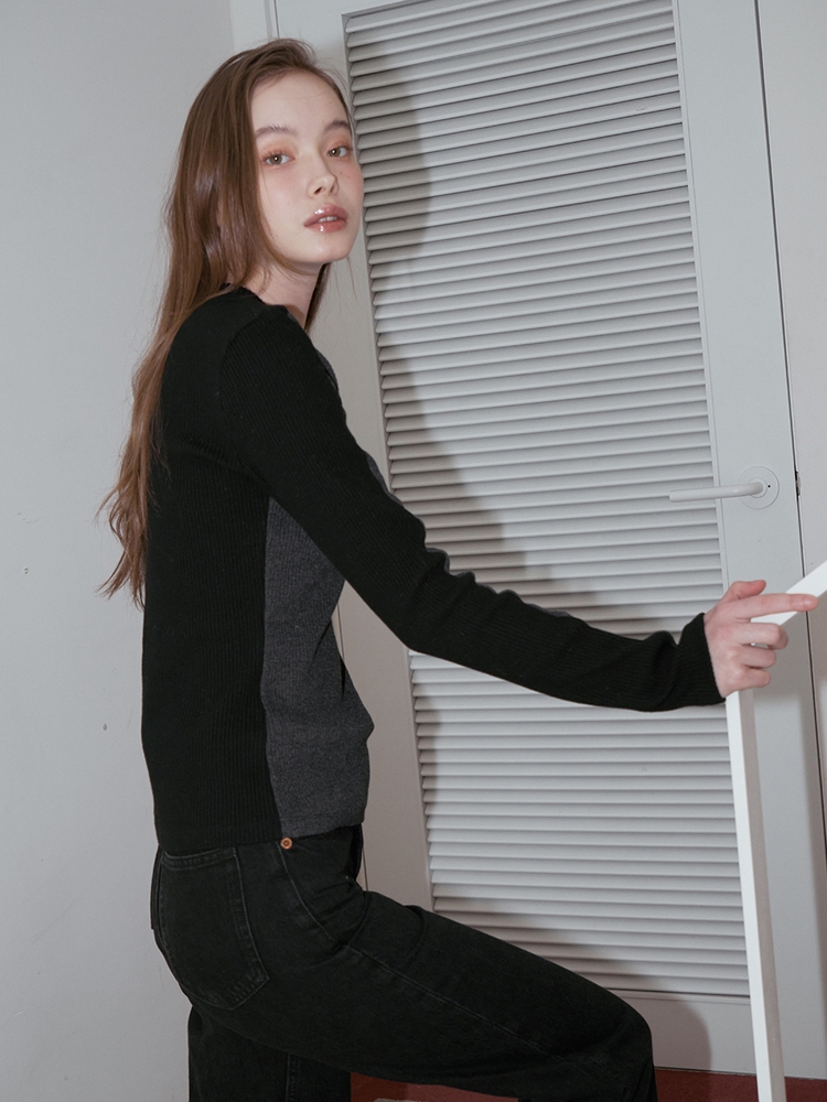 COLOR BLOCK LONG SLEEVE TOP_CHARCOAL