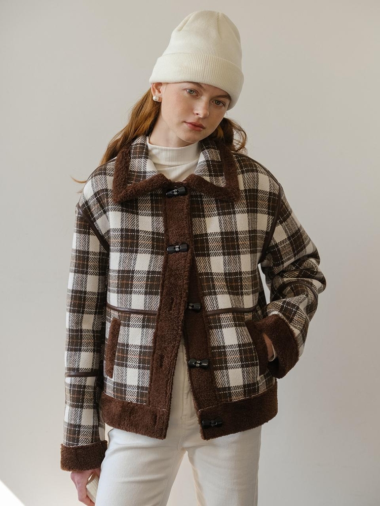 Cest_Winter plaid fur short coat