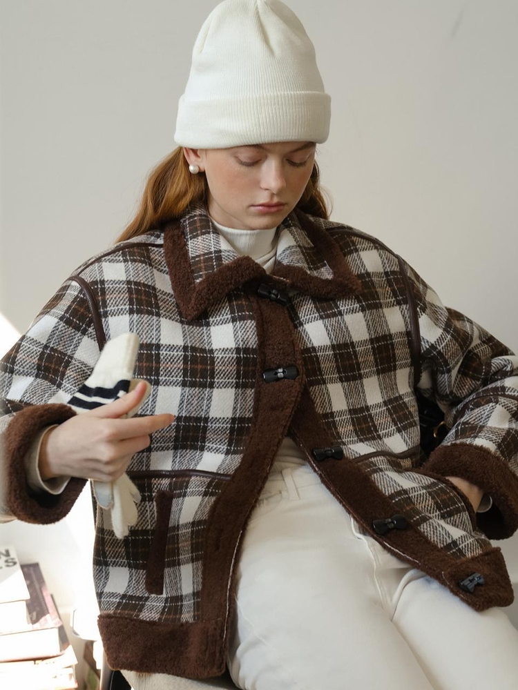 Cest_Winter plaid fur short coat