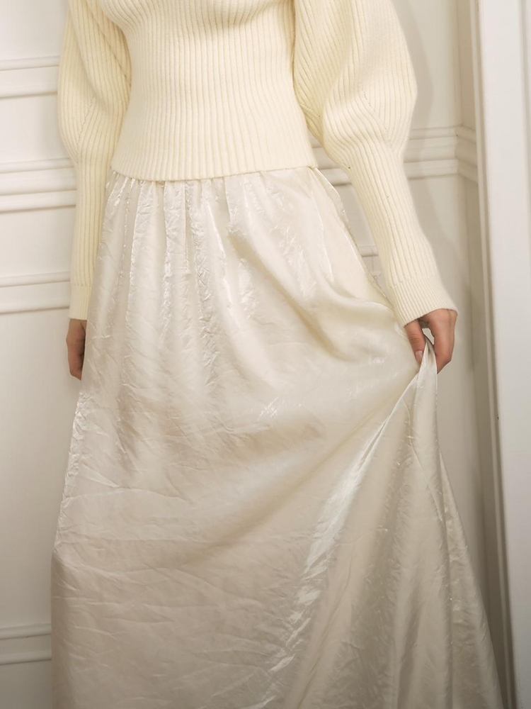 YY Moonlight satin long skirt_IVORY