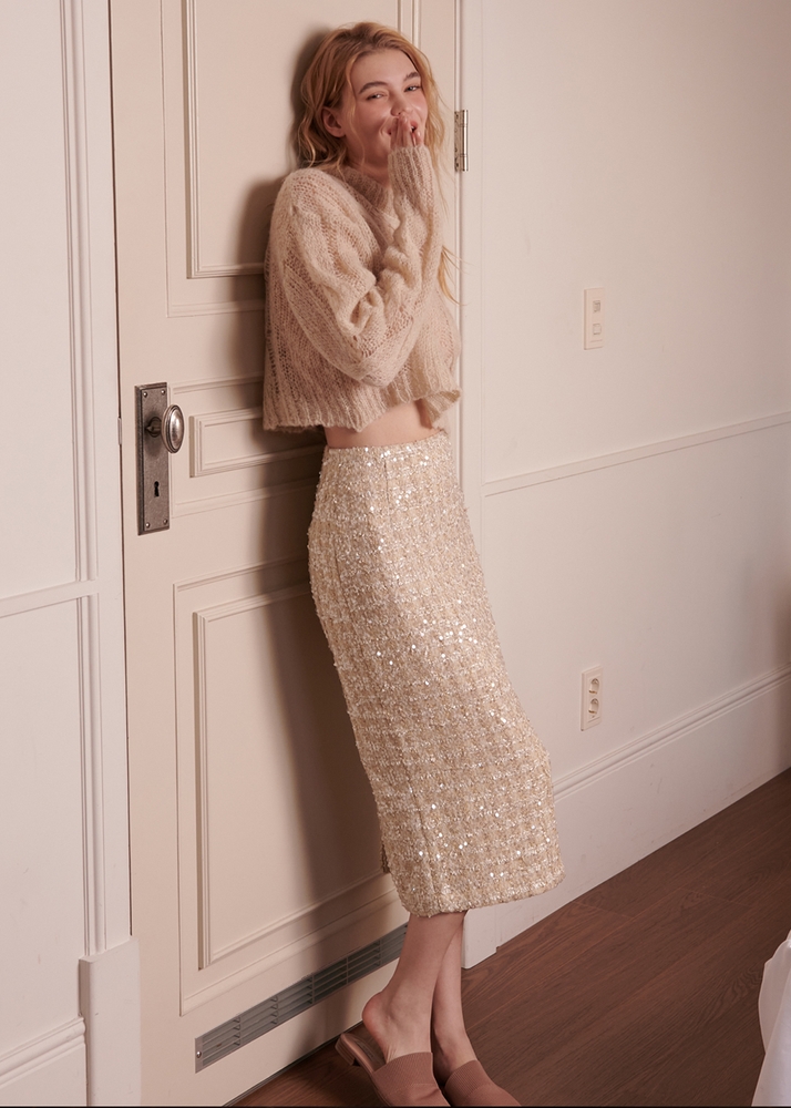 Madison Sequin Straight-fit Skirt [Beige]