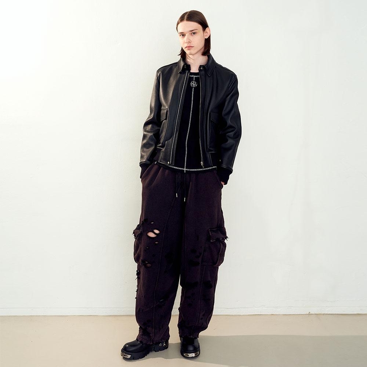 Destroyed Pigment Washed Sweat Cargo Pants_[Black]