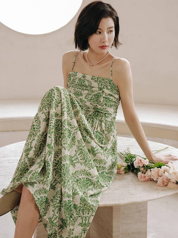 LS_Green print bandeau slip dress