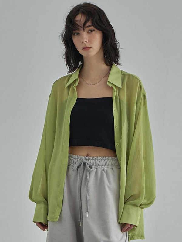 SeeThrough Rinkle Blouse -Yellow Green