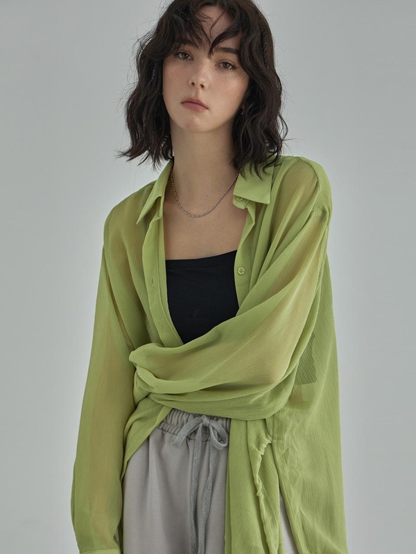 SeeThrough Rinkle Blouse -Yellow Green