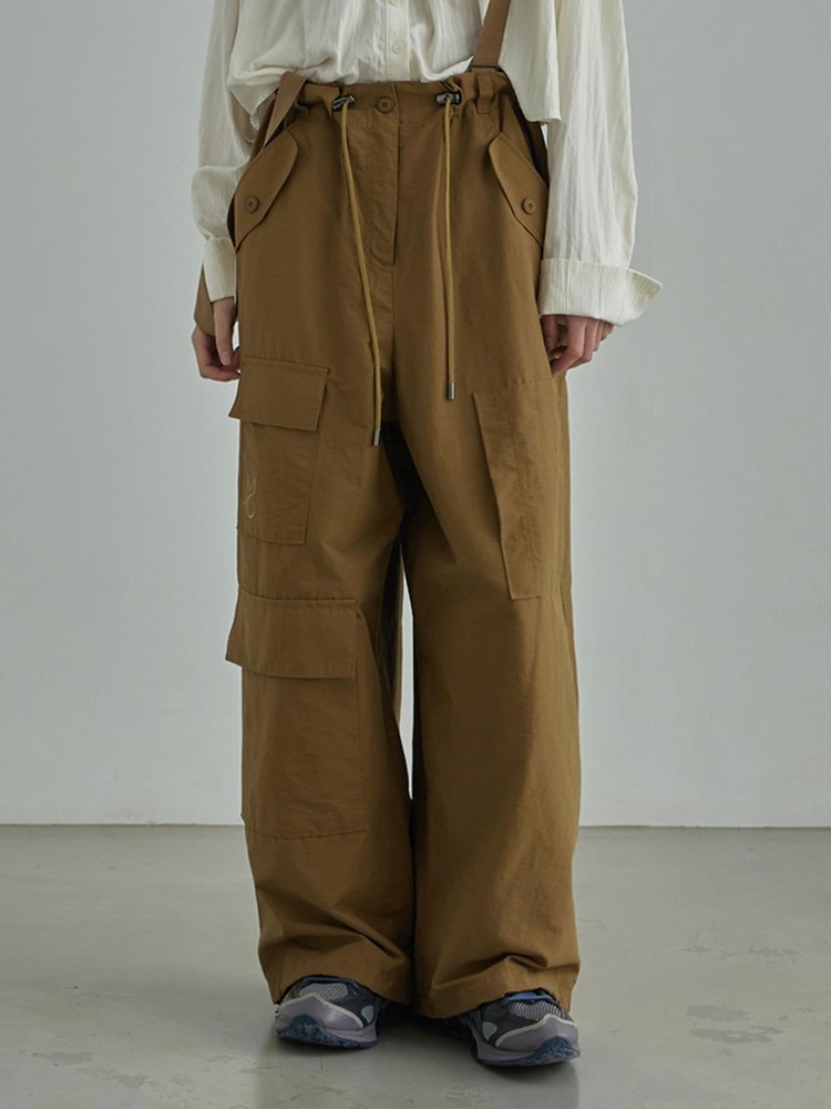 two-way nylon wide cargo pants- Olive brown